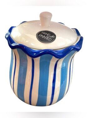 Hand Painted Blue White Stripe Ceramic Kitchen Storage Jar Canister Lid 6” Tall